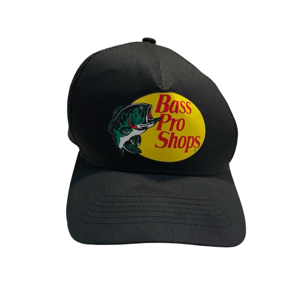 Bass Pro Shops Cap Black Yellow Logo and Green Fish Adjustable Unisex Mesh